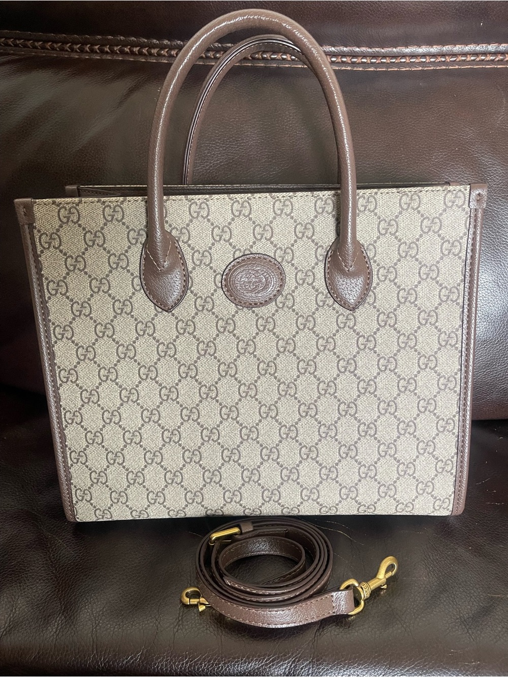 Gucci Beige GG Supreme Canvas Tote with Brown Leather Trim